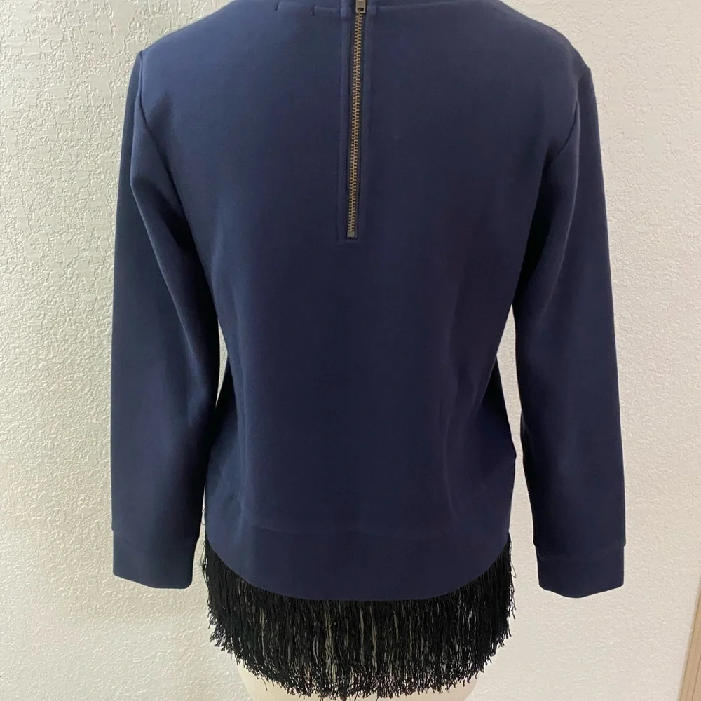 J Crew Navy‎ Blue Sweatshirt Women’s  Crew Neck With Fringes Details Size XS